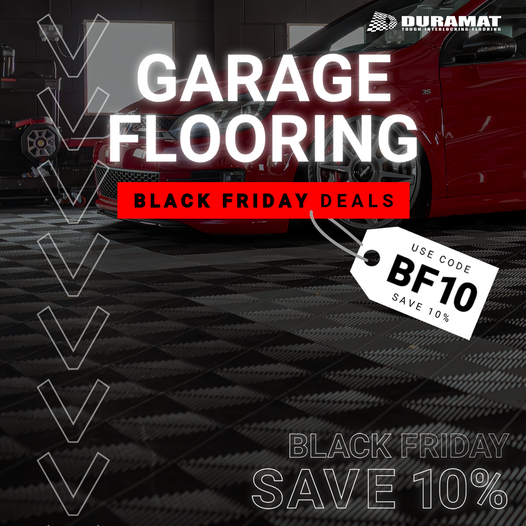 Duramat Black Friday garage flooring sale banner with BF10 code for 10% off